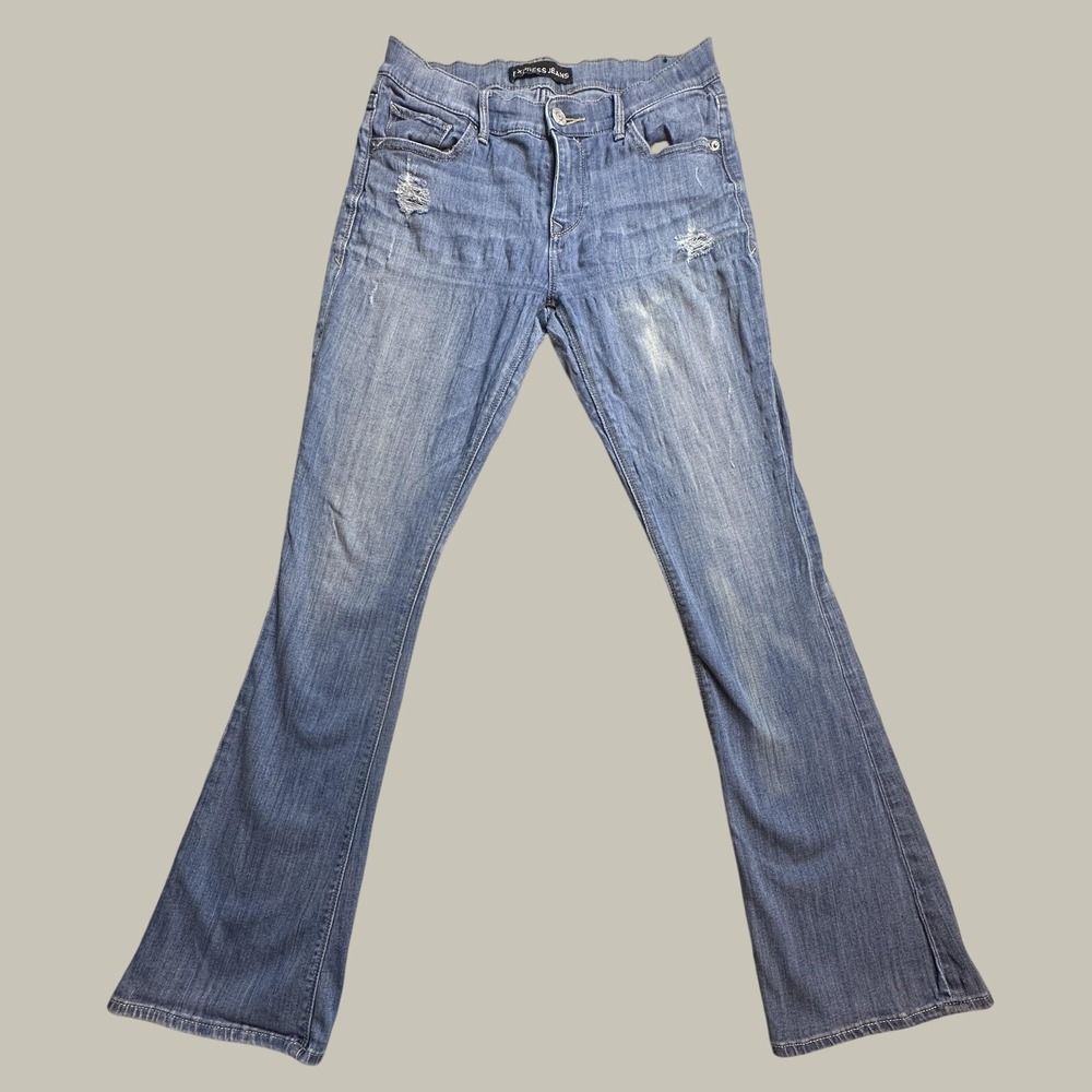 Express Jeans Womens 8 Slim Flare Mia Mid Rise Blue Distressed Denim Boho Y2K